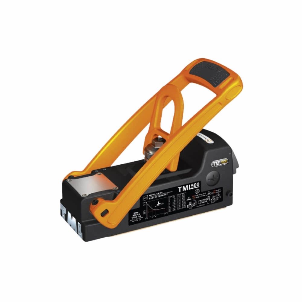 ALFRA løftemagnet TML med orange håndtag, sorte basiselementer og synlige produktetiketter.