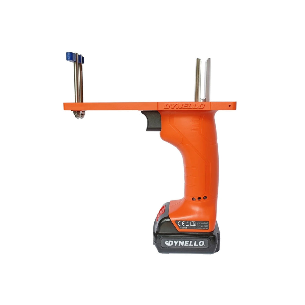 Orange Dynello Rewinder med sort base og metalstænger, blå komponent på toppen.