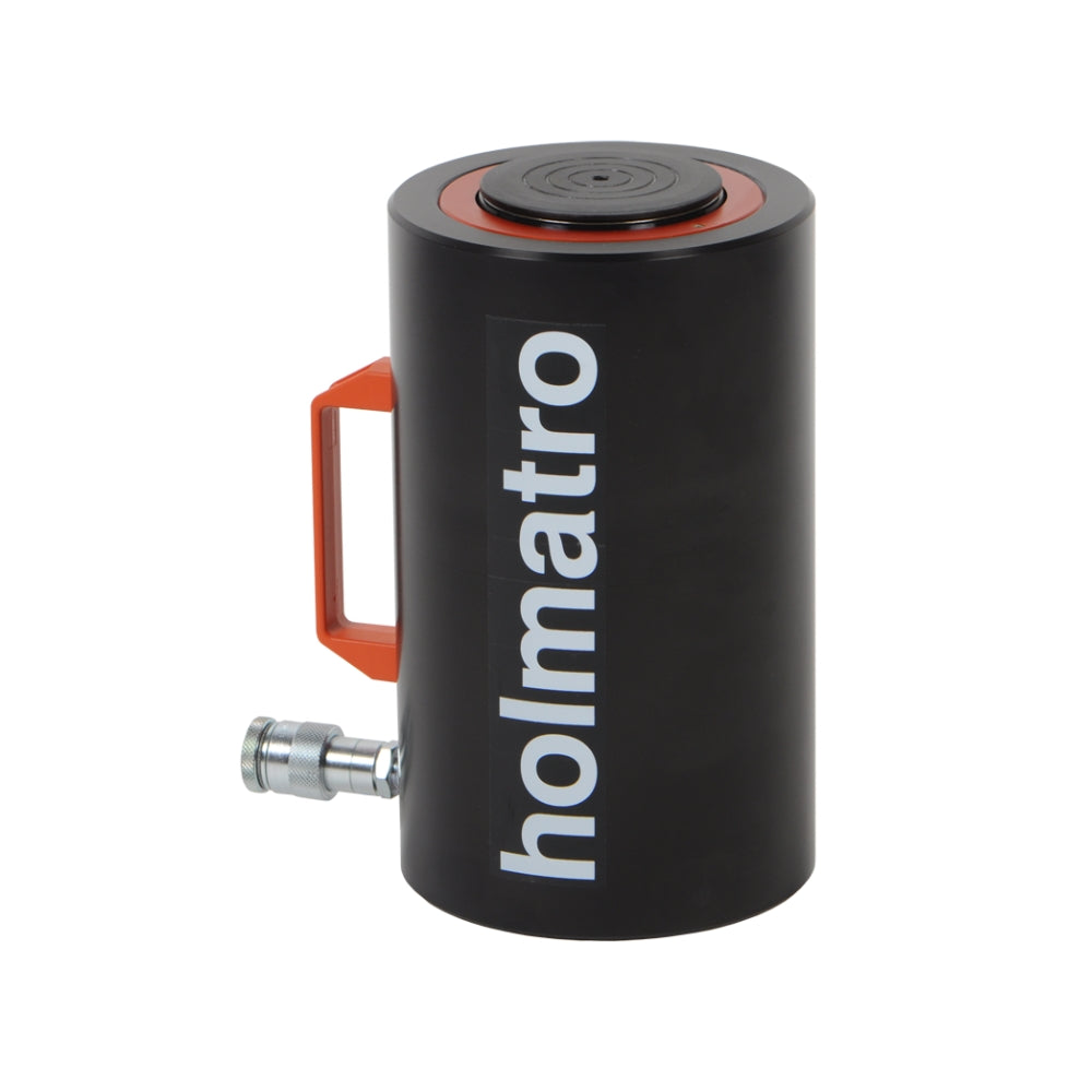 Sort cylindrisk donkraft med "Holmatro", orange håndtag og hydraulisk tilslutningspunkt.