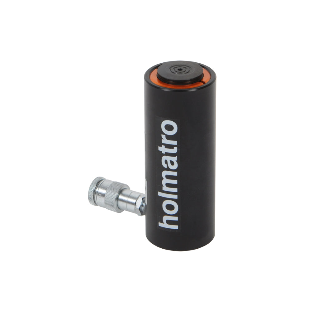 Holmatro hydraulisk donkraft, cylinderformet med kobling og orange top, sort med logo.