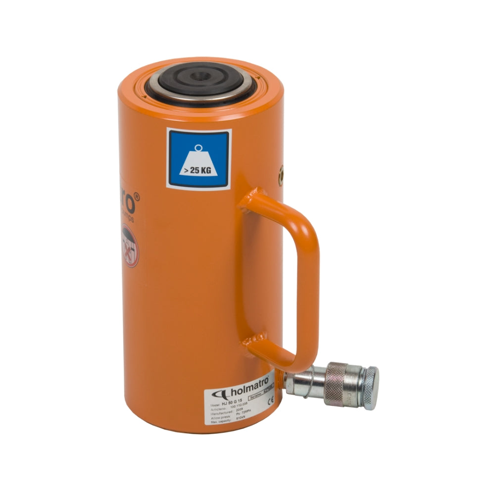 Orange hydraulisk donkraft med metaltilslutning og label ">25 KG", fra Holmatro.