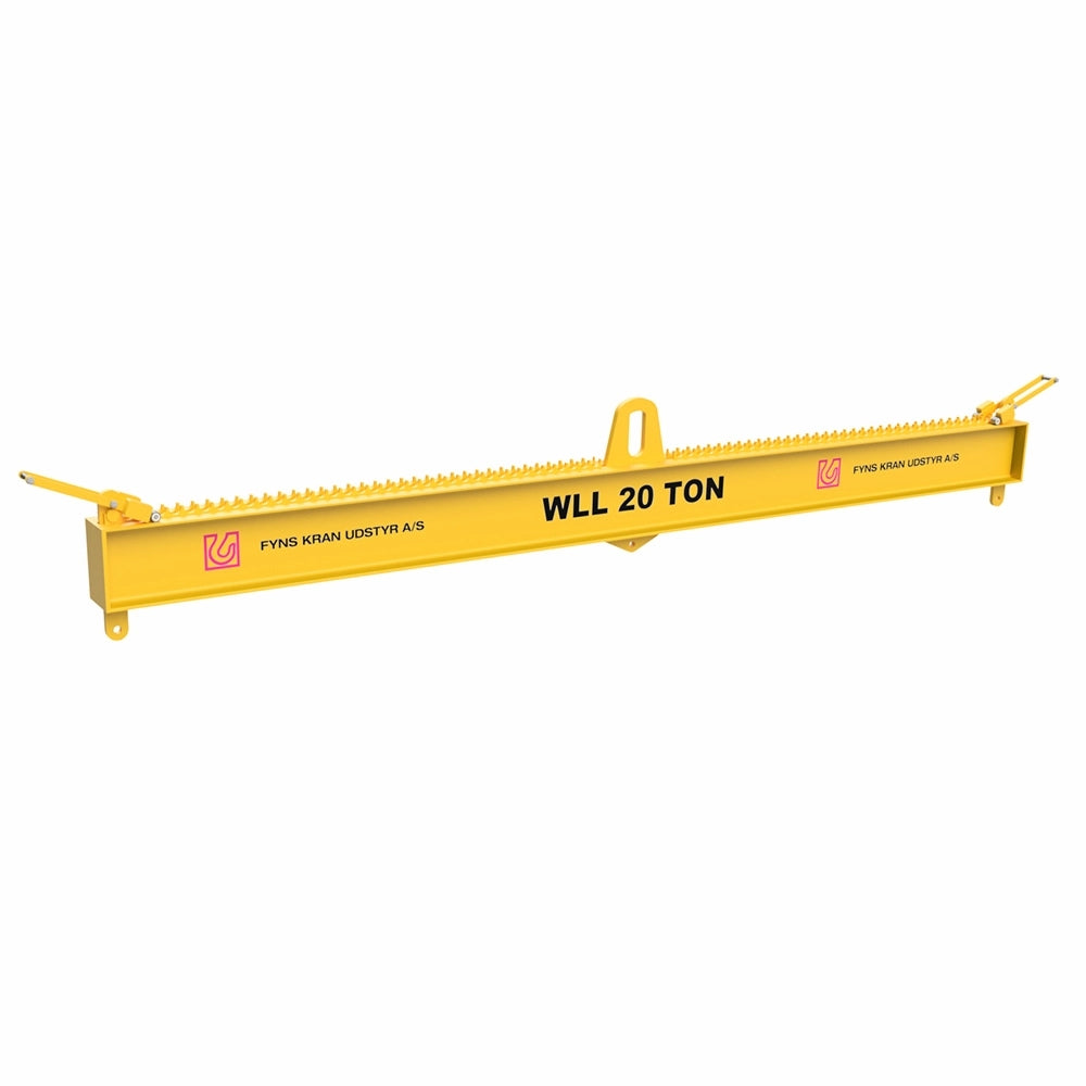 Gul løftebom med tekst "WLL 20 TON" og Fyns Kran Udstyr A/S logoer på begge sider.