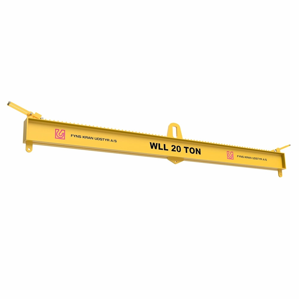 Gul løftebjælke med tekst "WLL 20 TON" og "FYNS KRAN UDSTYR A/S" samt logoer.