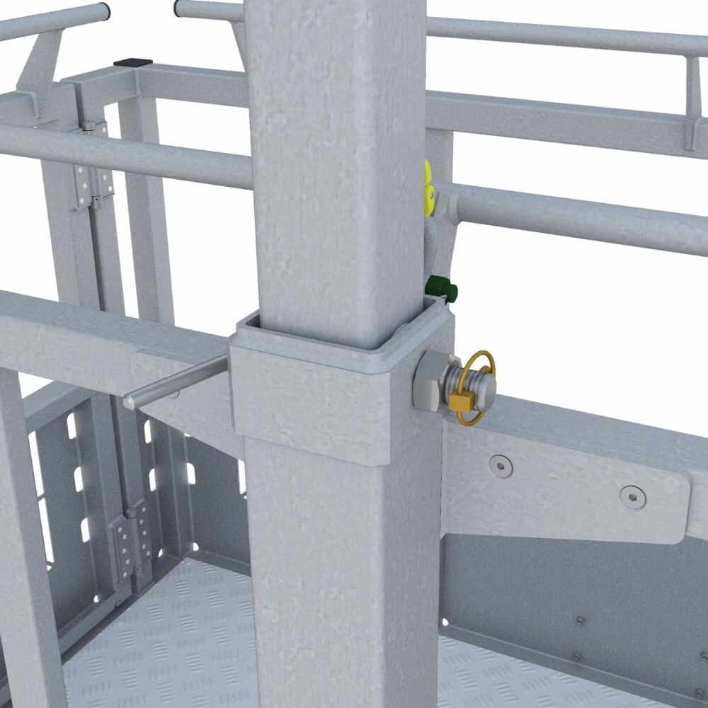 Mandskabskurv med robust ramme, låsemekanisme og teleskopisk bøjle, detaljeret metalstruktur.