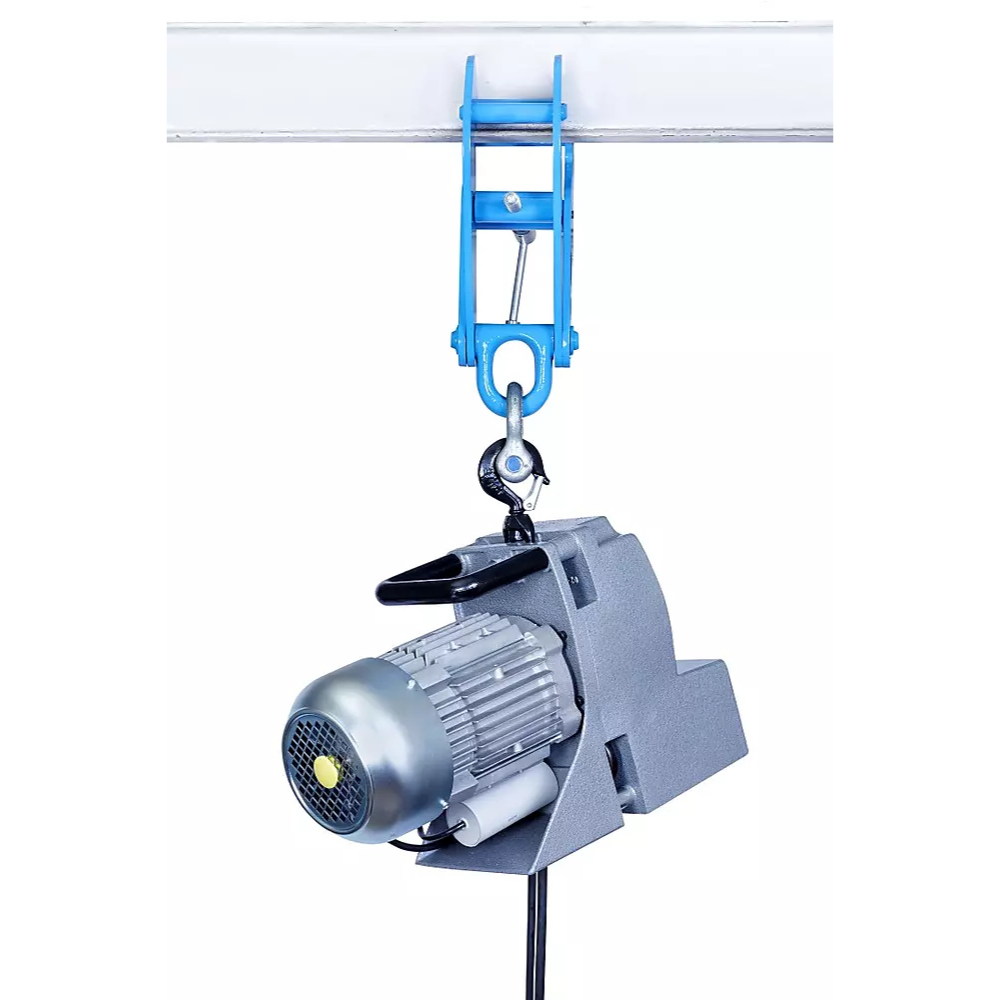 Tractel Minifor TR10 wiretalje hænger fra blå struktur, synlig motor og krog til last.