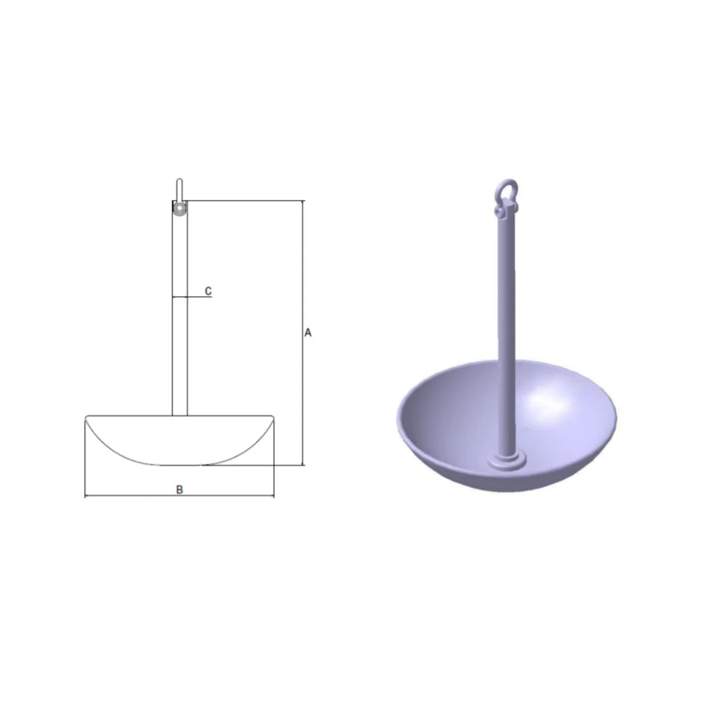 Svampeformet produkt med central stang, cirkelbase og løkke foroven. Diagram med dimensioner.