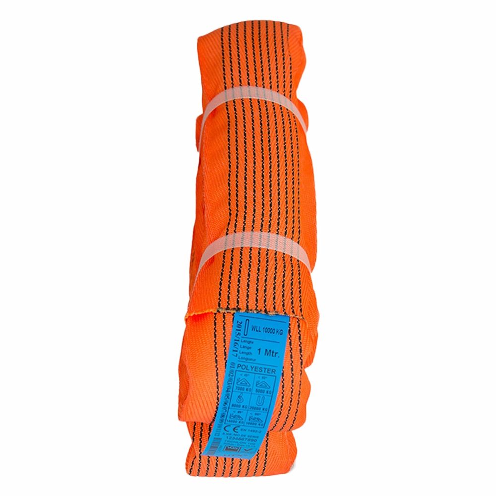Orange rundsling med sorte striber og blå label, WLL 10.000 kg, påmindelse om første brug.