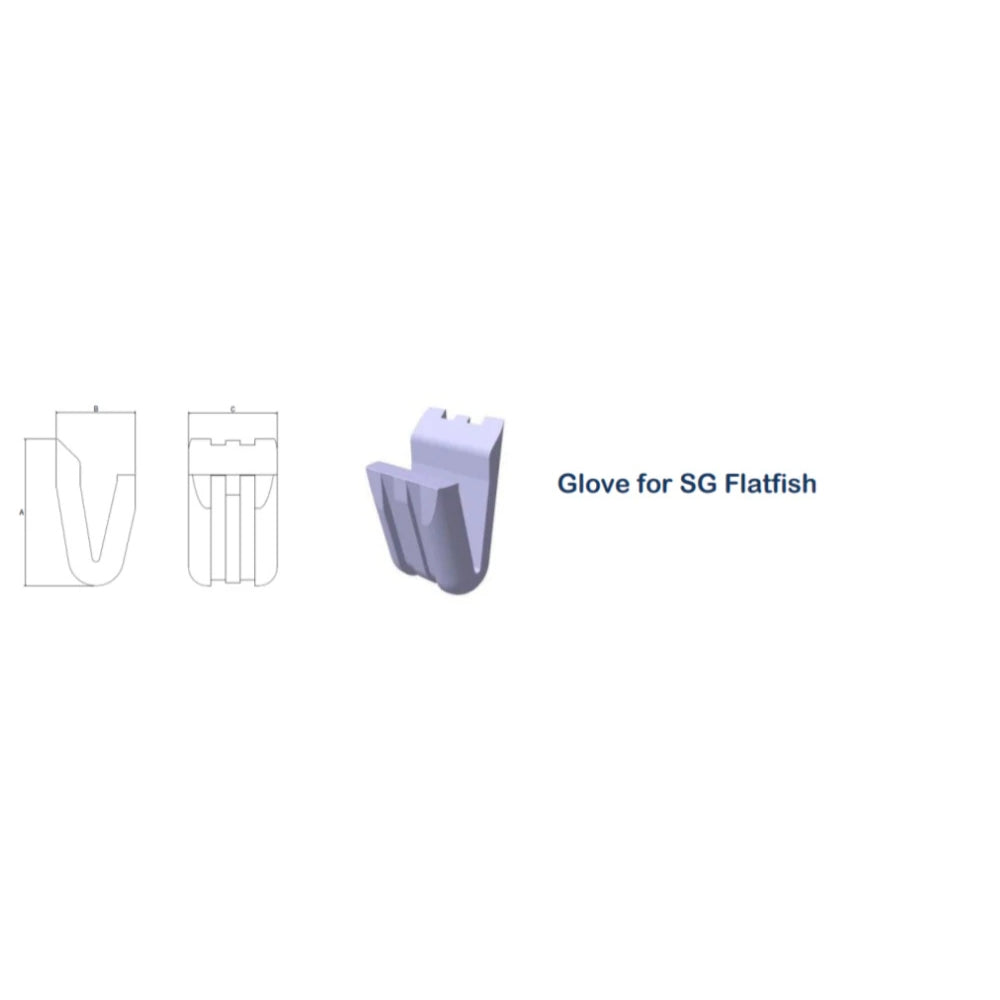 3D-rendering af "Glove for SG Flatfish" med tekniske tegninger og dimensioner A, B, C.