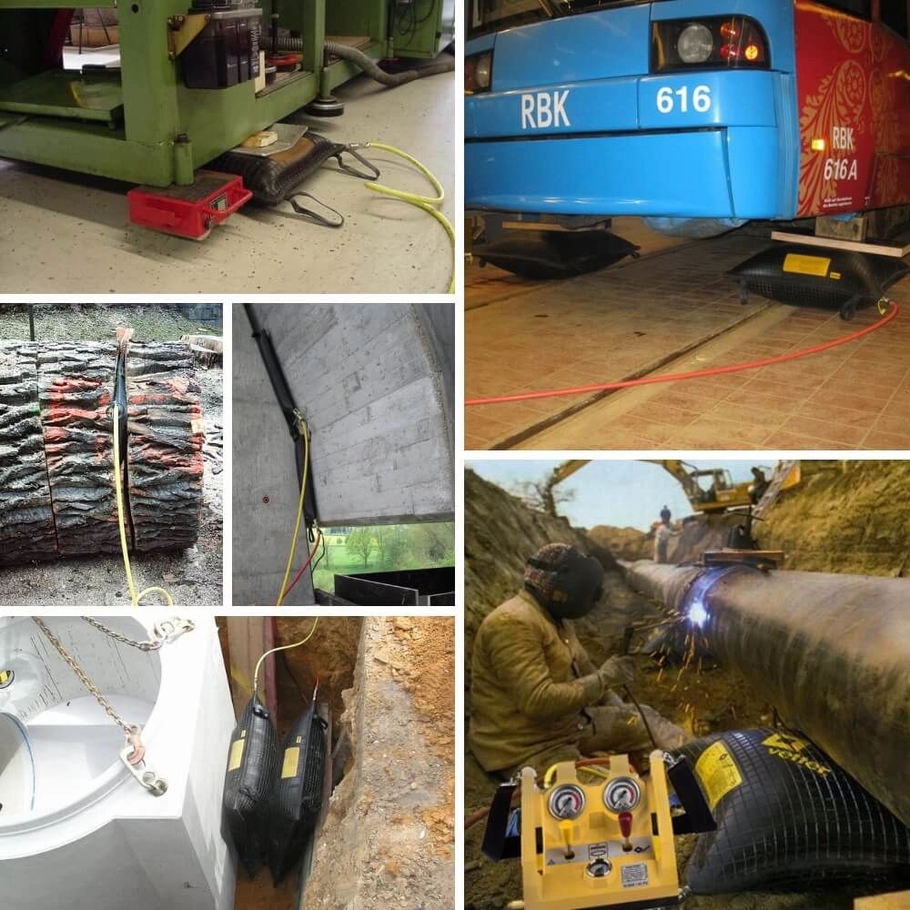Sort VETTER løftepude V68 i brug under maskiner, busser, træstammer, rør og i byggeprojekter.