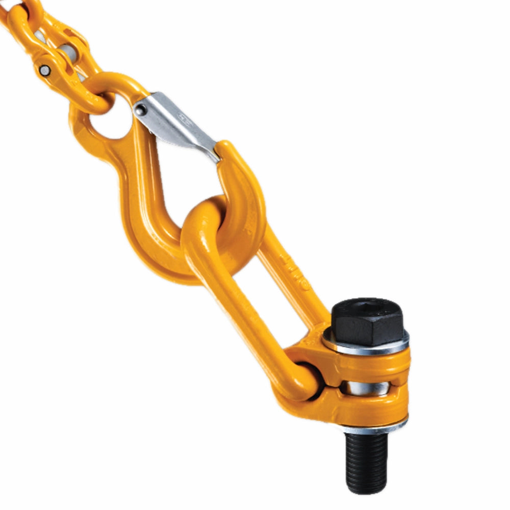 Orange svirveløjebolt med sort bolt, 90° pivot og 360° rotation, set fra siden.