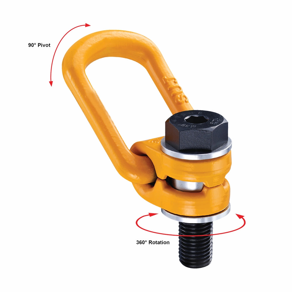 Orange svirveløjebolt med sort bolt, 90° pivot og 360° rotationsfunktion illustreret med pile.