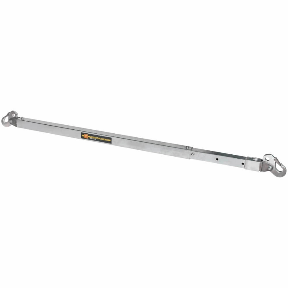 Lang metalspredestang med justerbare huller og kroge i hver ende.