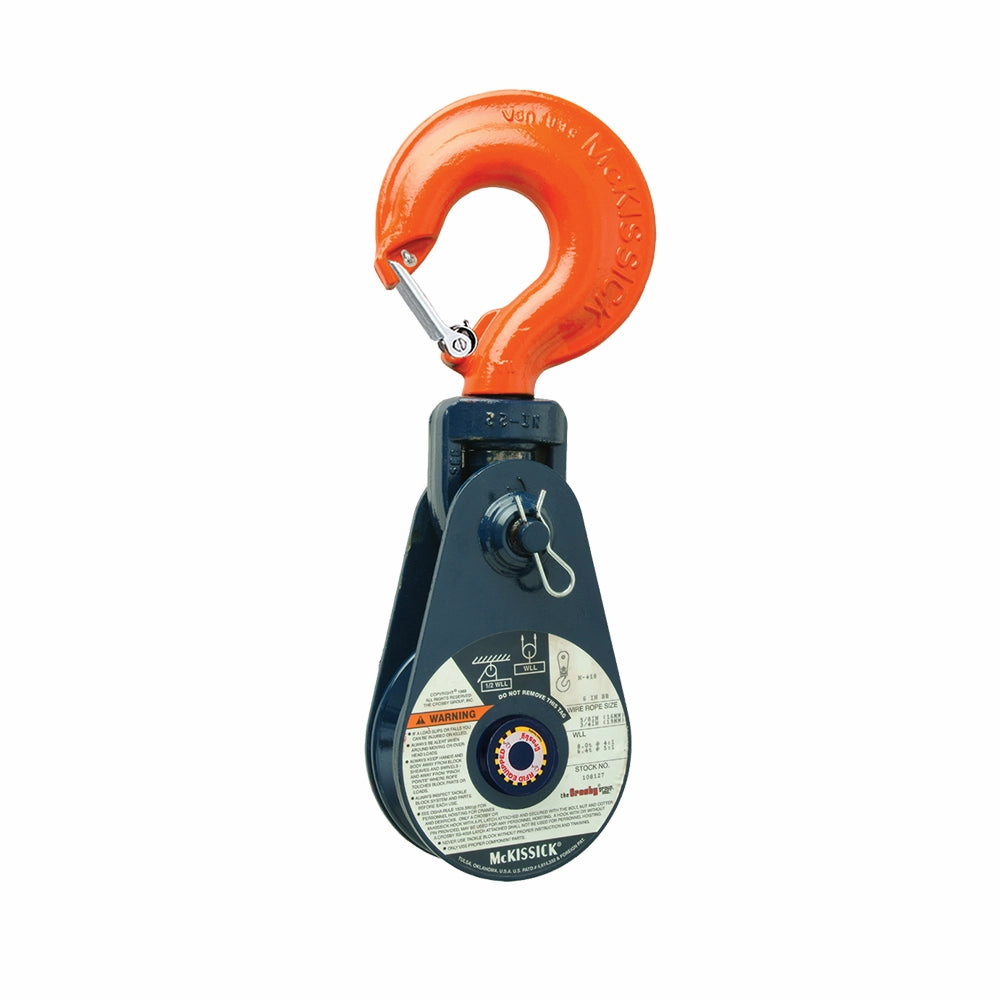 McKissick kasteblok med orange krog, mørk blok og cirkulær label med WLL 2T specifikationer.