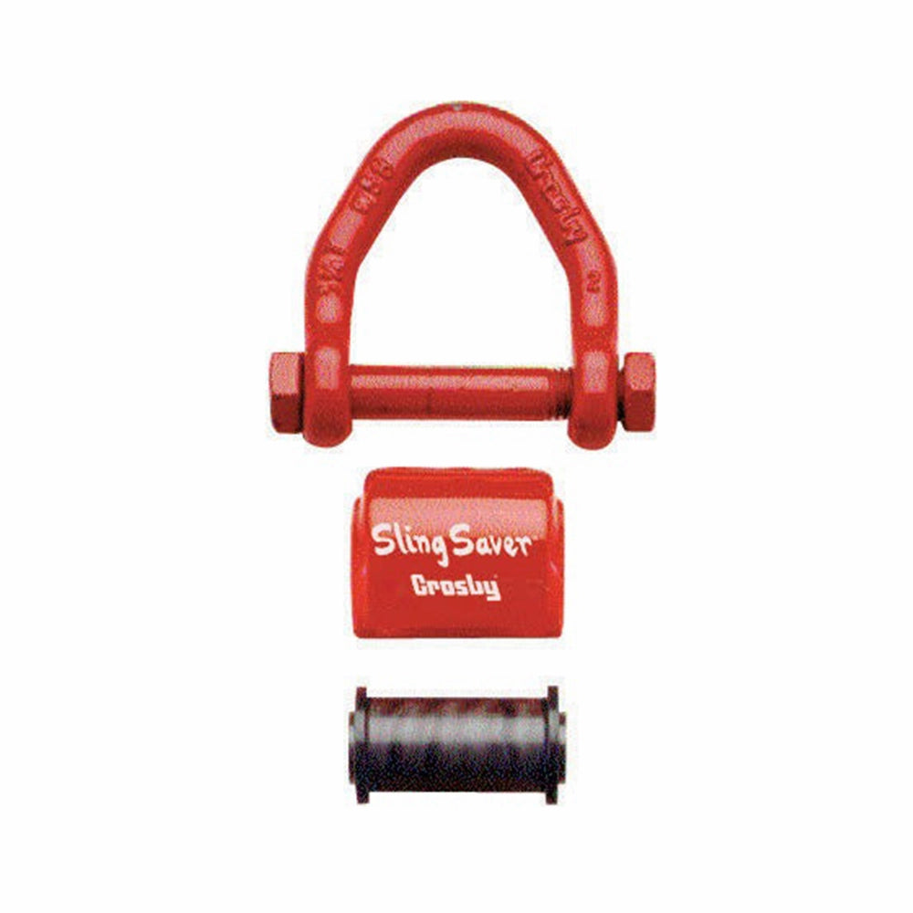 Rødt komponent med "Sling Saver Crosby" tekst, sort cylinder og rød bøjle adskilt.