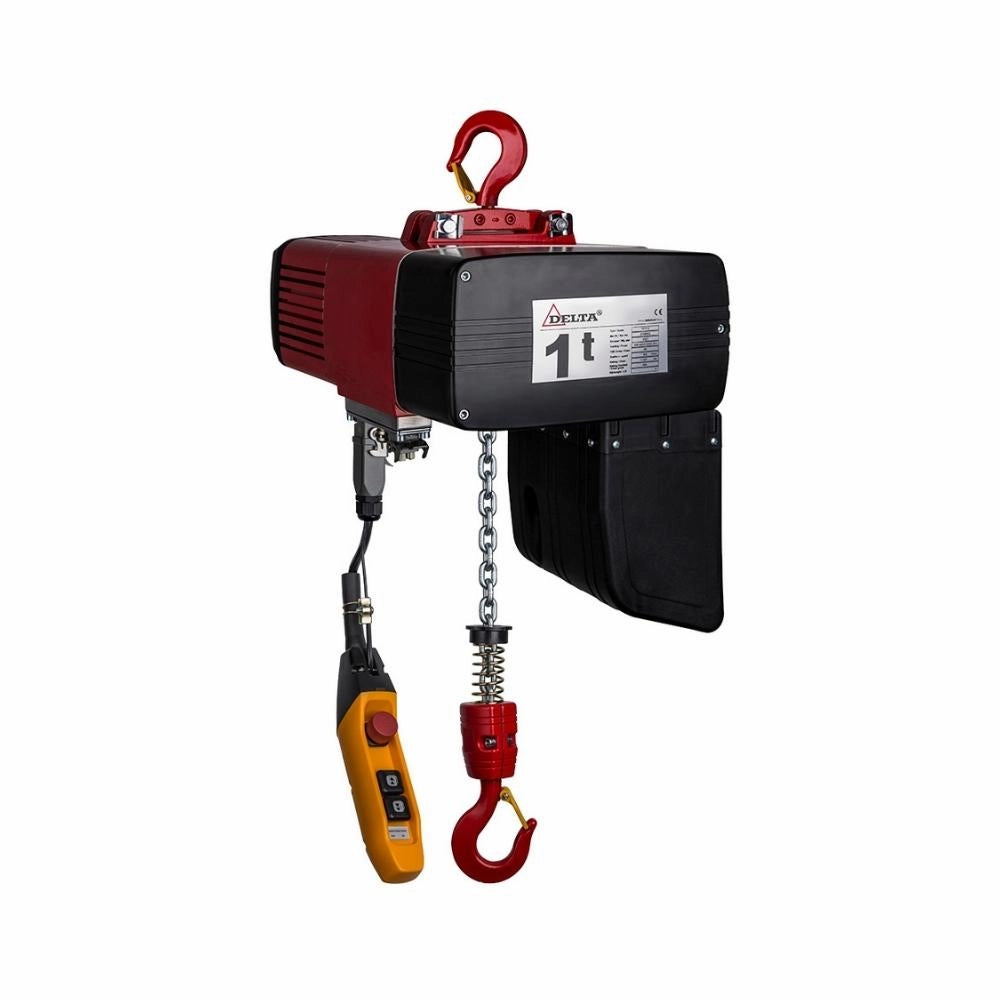 Elektrisk talje, 1 ton kapacitet, rød krog, gul kontrolenhed med nødstop.