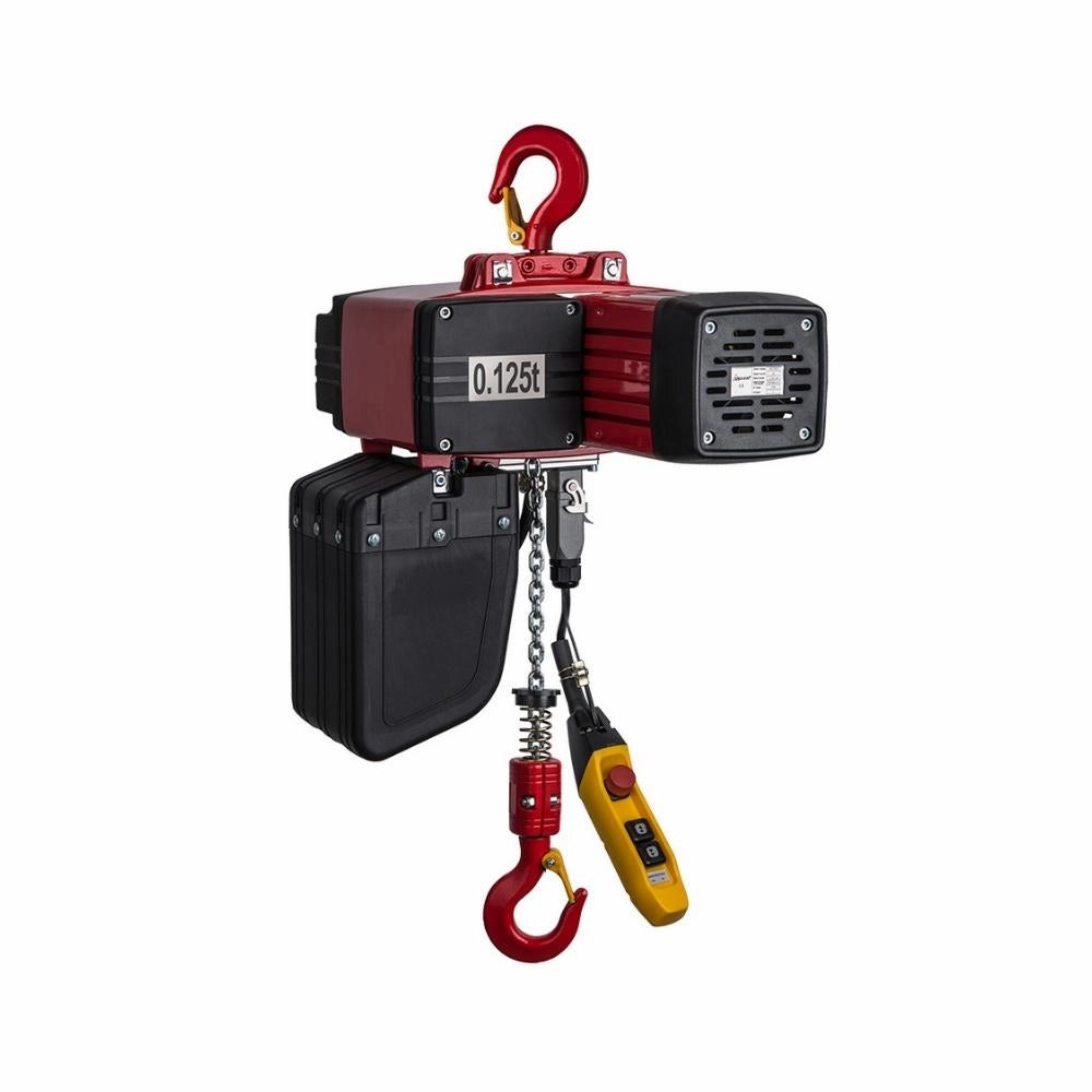 Elektrisk talje med rød krog, kæde, kontrolenhed og nødstop, kapacitet 1 ton.