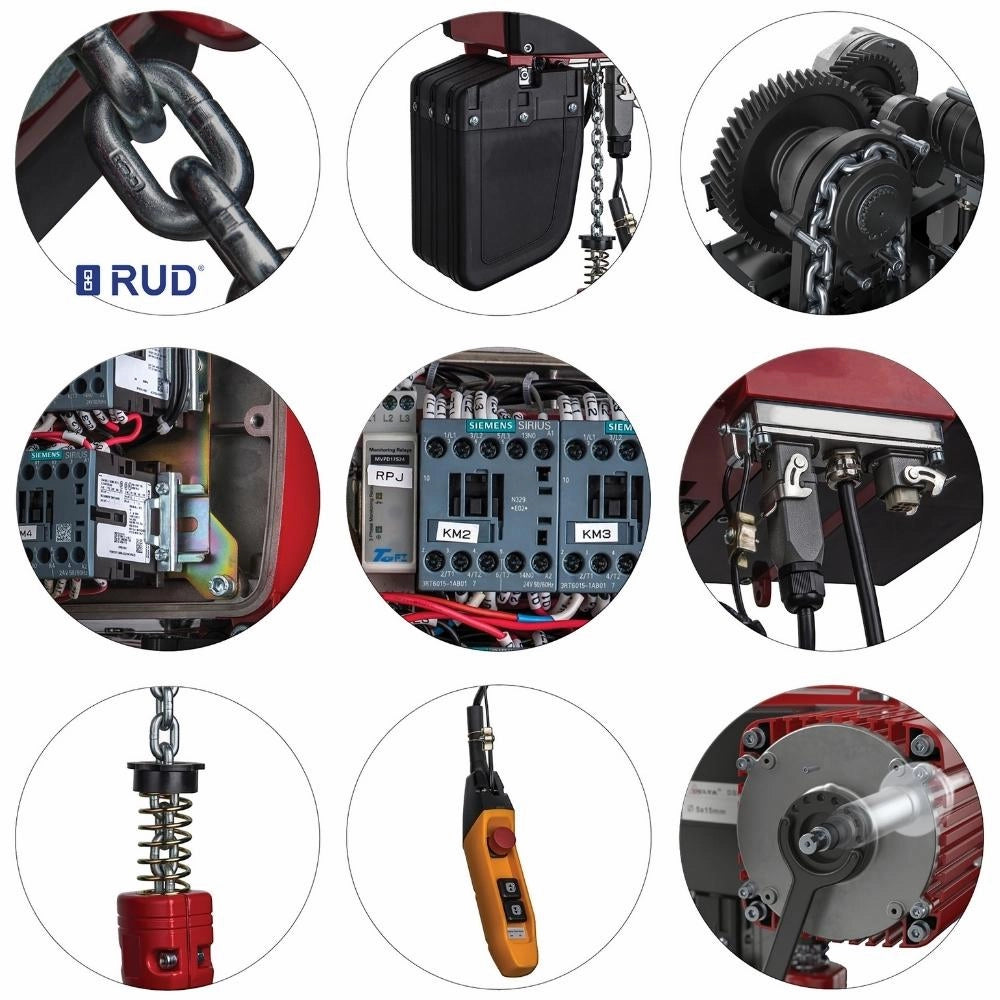 El-talje med kæder, kontrolpaneler, gear og fjernbetjening. Løftekapacitet: 1 ton.