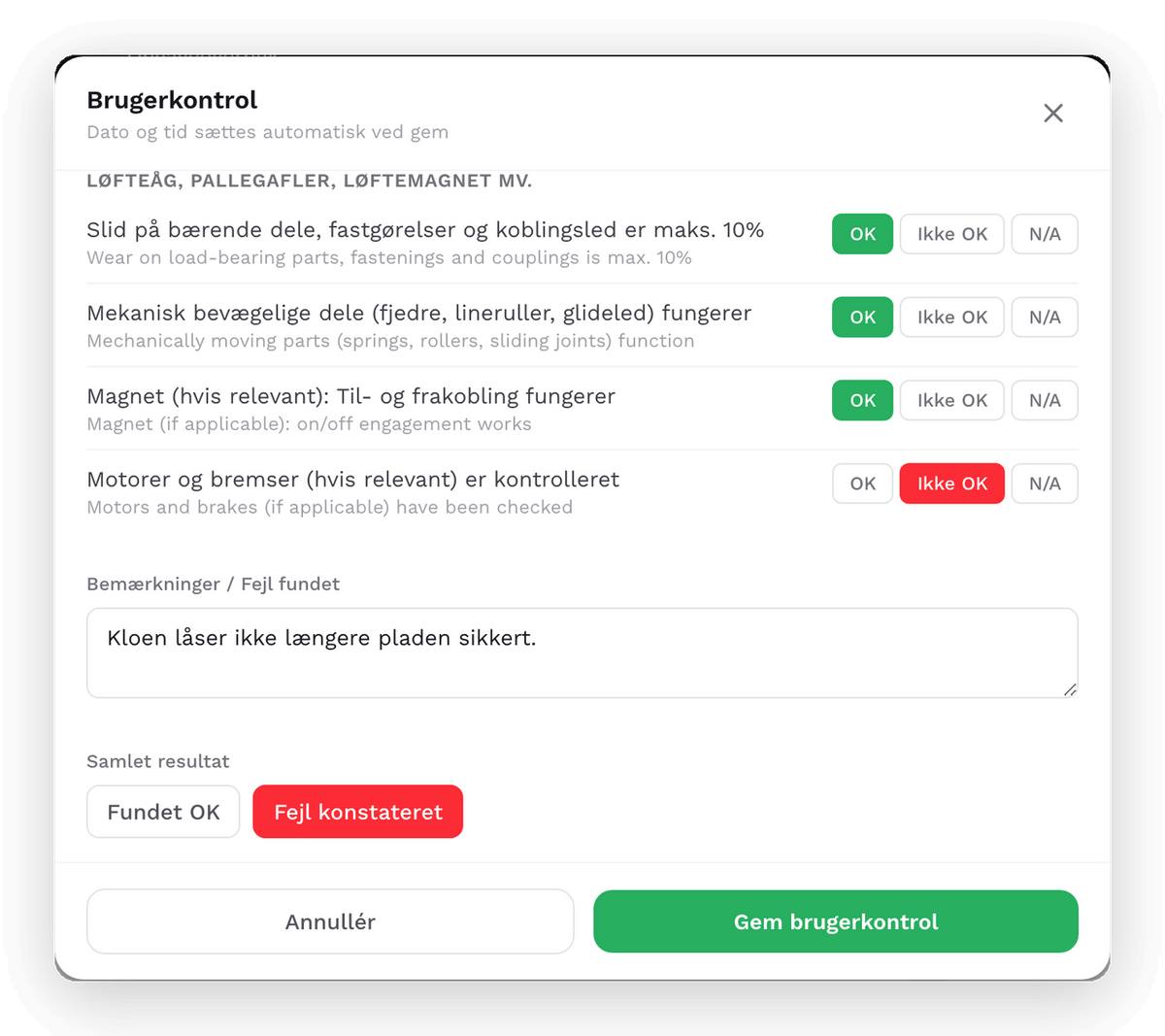 Skema til brugerkontrol i EasyCert med OK, Ikke OK og N/A