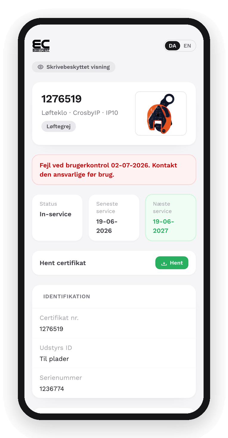 Udstyrskort åbnet fra QR-koden uden login