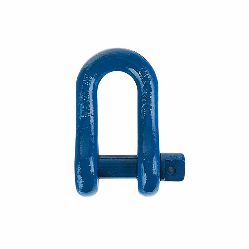 Blå U-formet metalshackle med tværgående bolt, anvendt til tunge løft og sikringsopgaver.