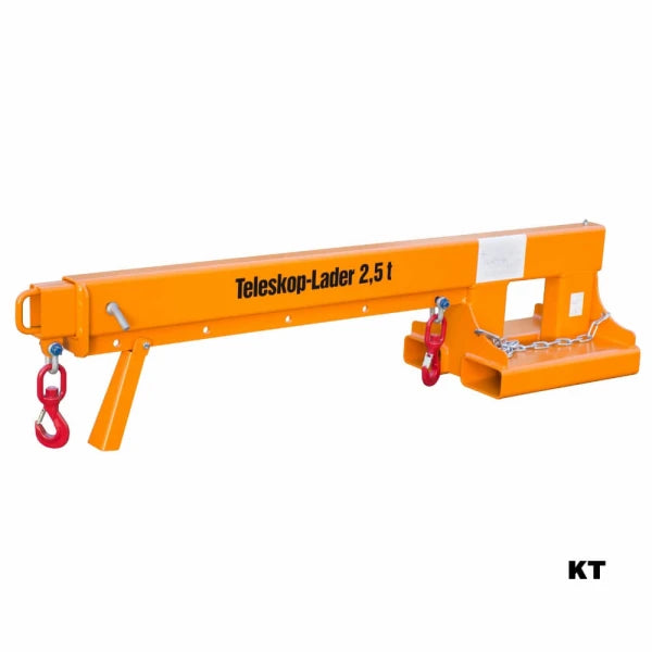 Orange teleskopisk lastarm med kroge og teksten "Teleskop-Lader 2,5 t" på siden.