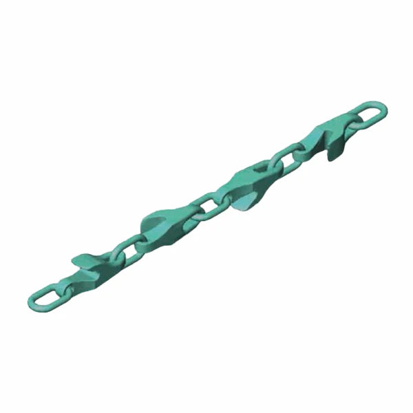 Kæde i teal med unikke sammenkoblede led og formede segmenter, der skaber et gentaget mønster.