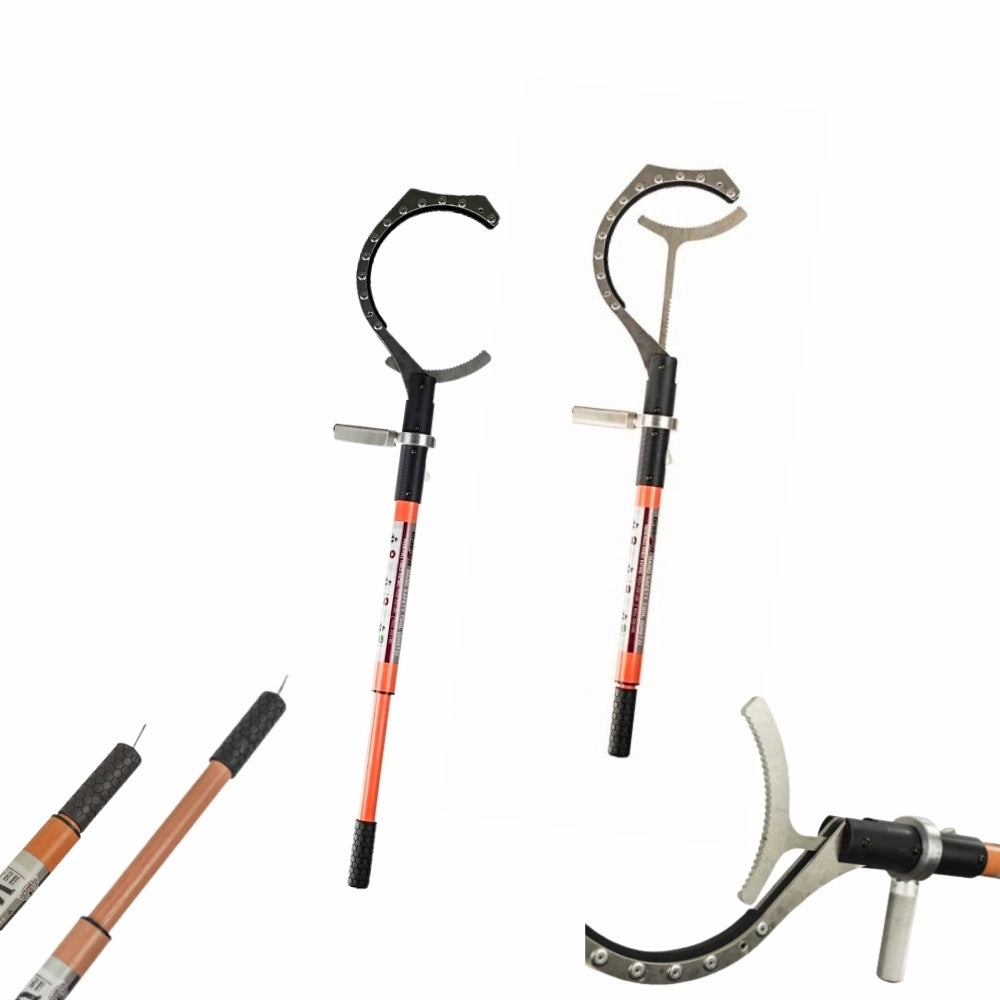 Værktøj med langt håndtag og halvcirkelformet griber med bolte, til sikker håndtering.