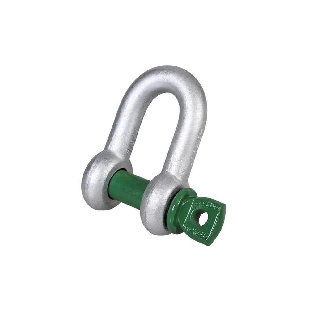 Sølv D-sjækel med grøn pin og bolt, U-formet design. Tekst præget på grøn bolt.