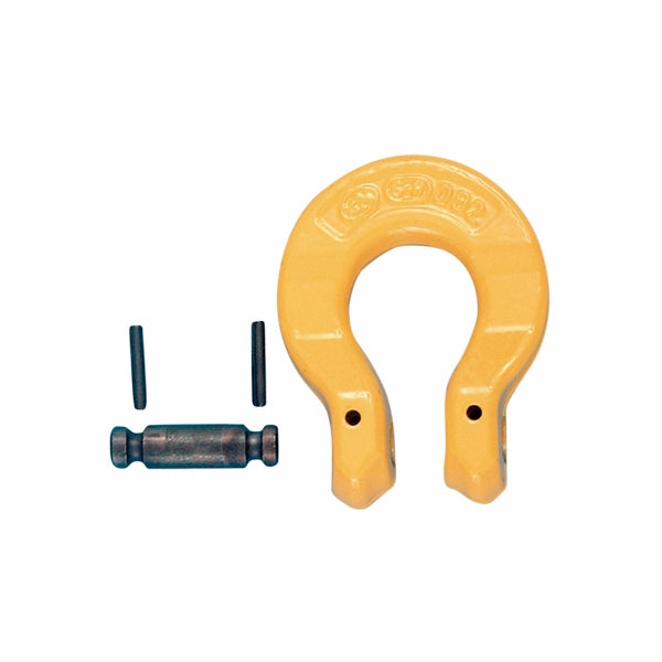 Gul, U-formet komponent med metalstift og to cylindre. Tekst på komponenten.