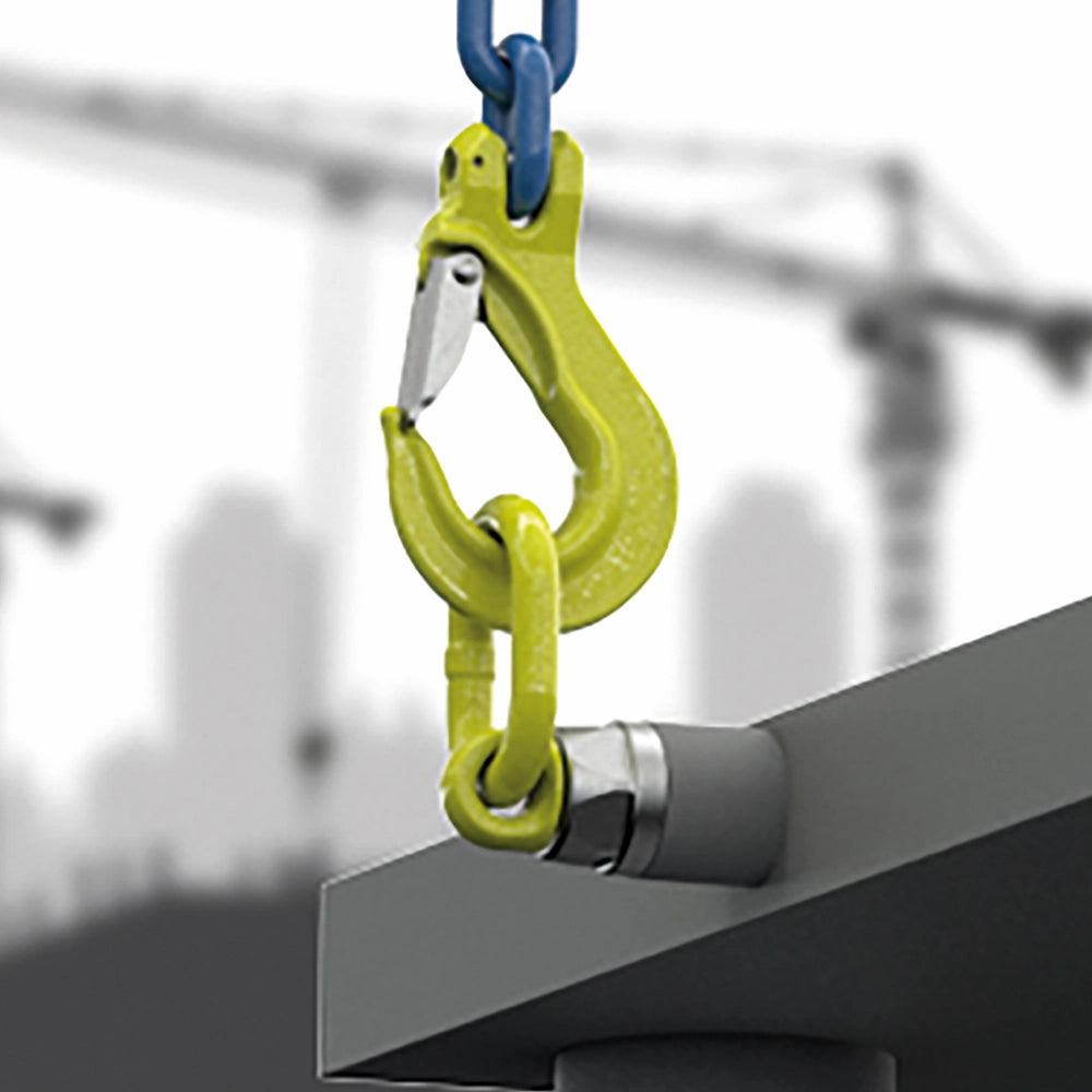 Gul Gunnebo GrabiQ Svirveløjebolt fastgjort til struktur, med svirvelfunktion for rotation.