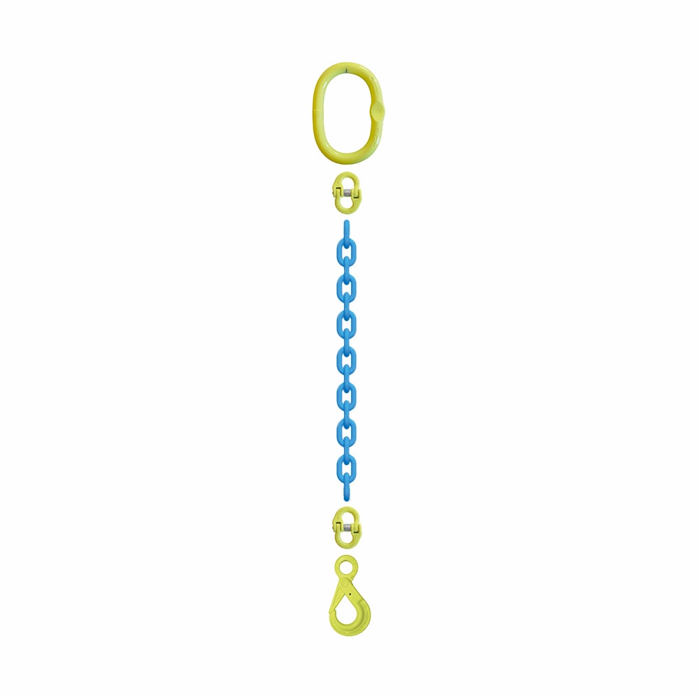 Kædesæt med gul oval ring, blå kæde og gul krog, alle vertikalt justeret.