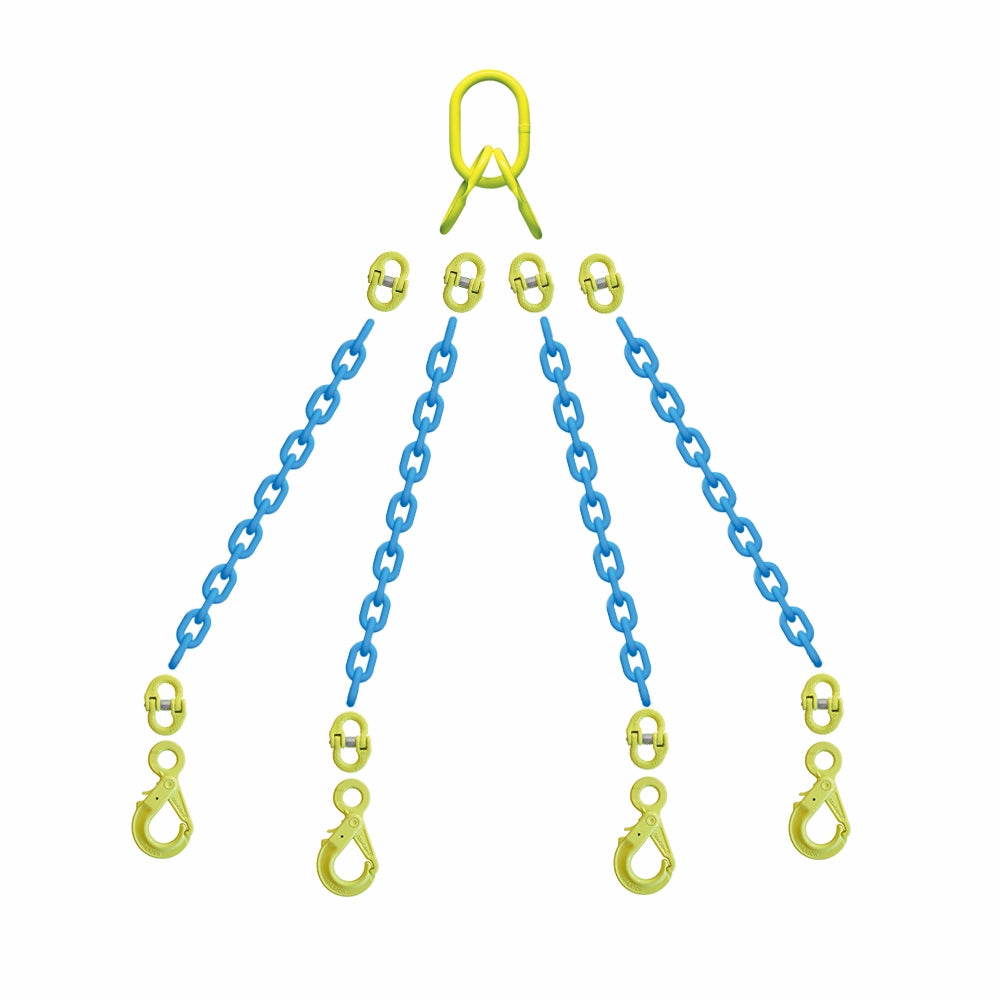Kædesæt med 4 blå kæder og gule kroge, forbundet til gul topconnector.
