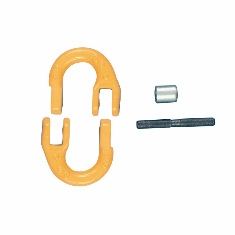 To gule U-formede dele, en metalcylinder og en stang vises på billedet.