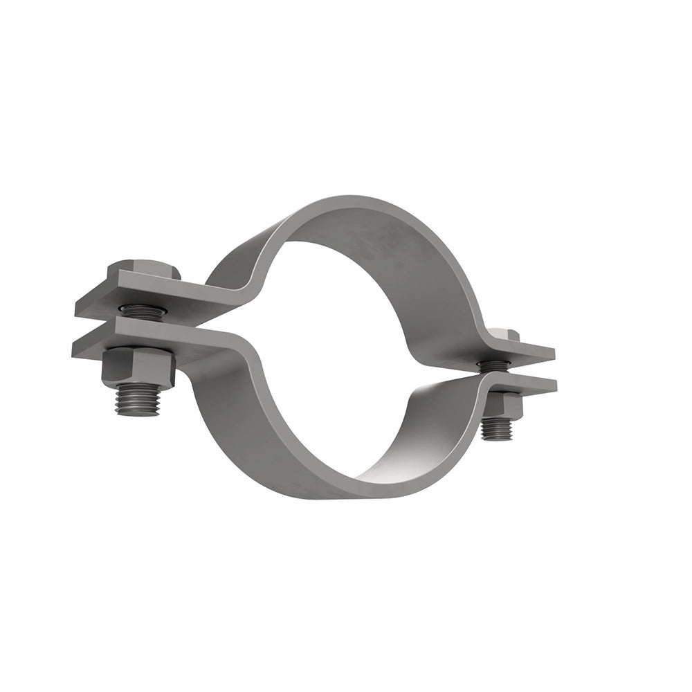 Rund rørklemme med bolte på hver side til fastgørelse, designet til stabil montering.