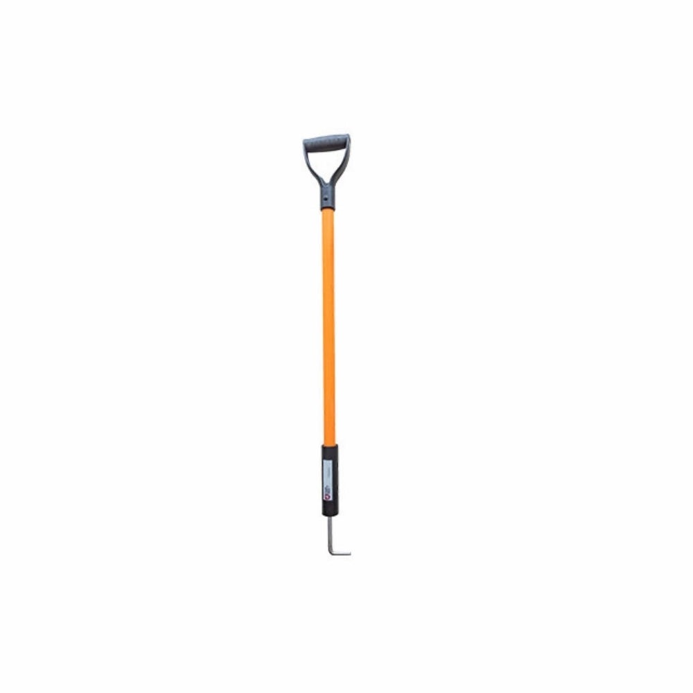 Håndværktøj med langt orange skaft og metalhægte i enden.