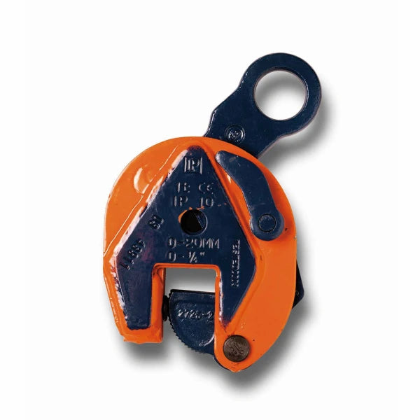 Løfteklo i orange og mørkeblå med synlig tekst "0-20MM" på metaloverfladen.
