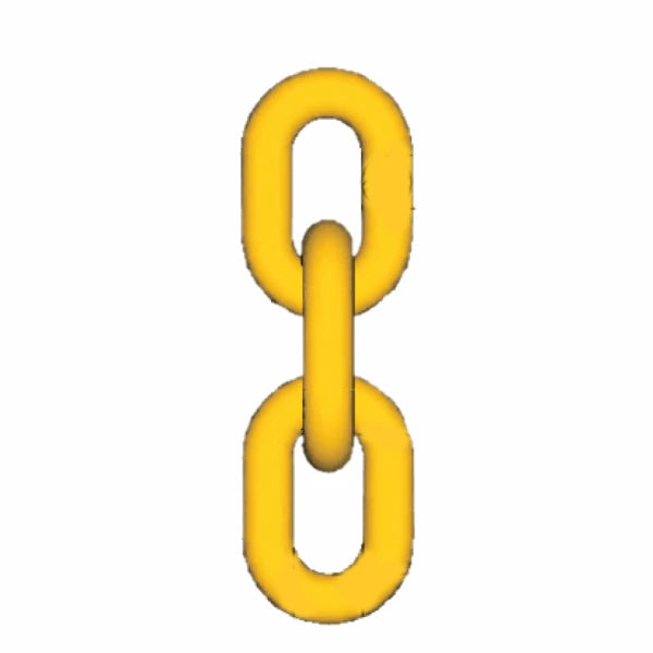 Tre synlige, gule, ovalformede kædeled fra Gunnebo Kæde KLFU 22-8.