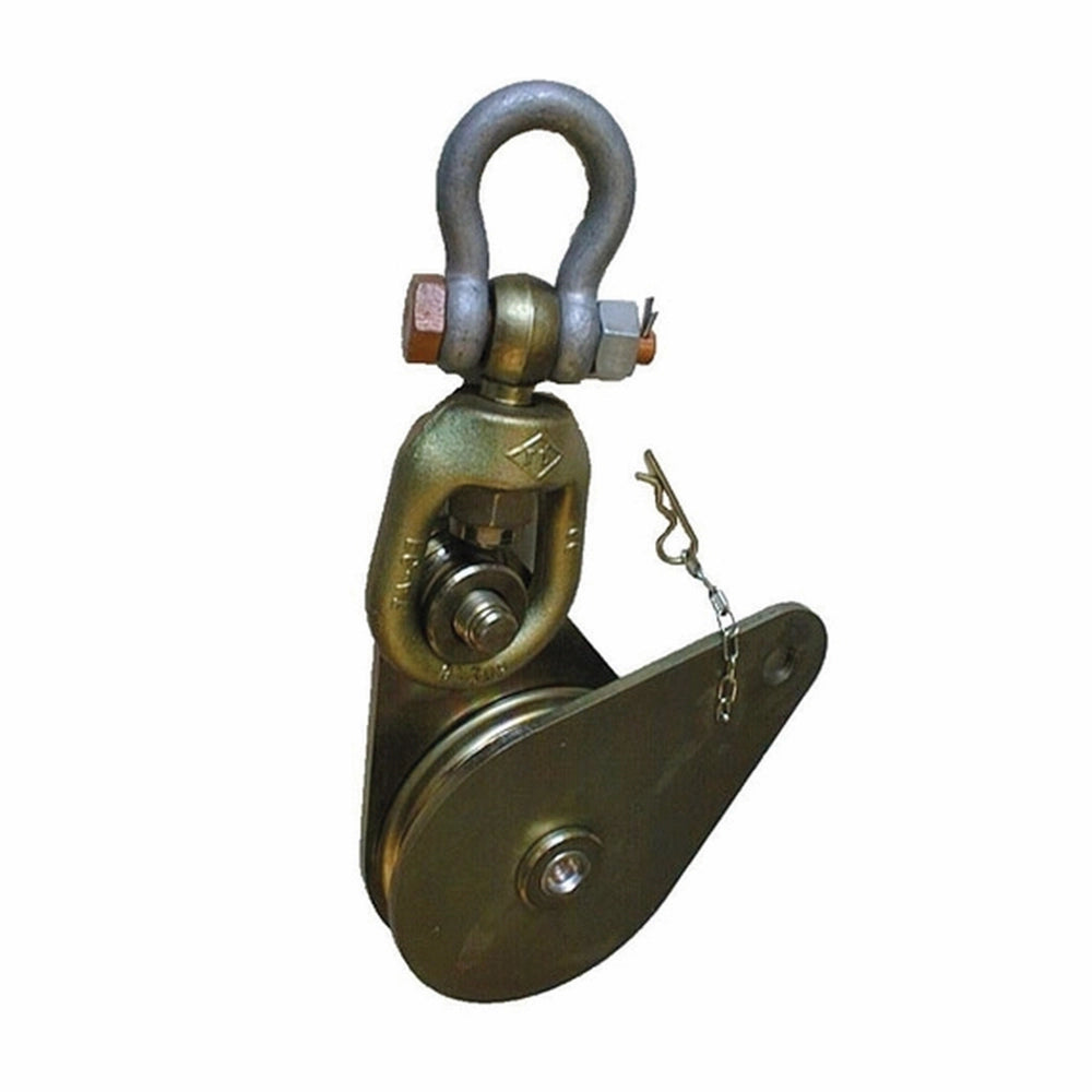 Kasteblok med metalramme, synlig skive i midten og U-formet sjækel øverst.