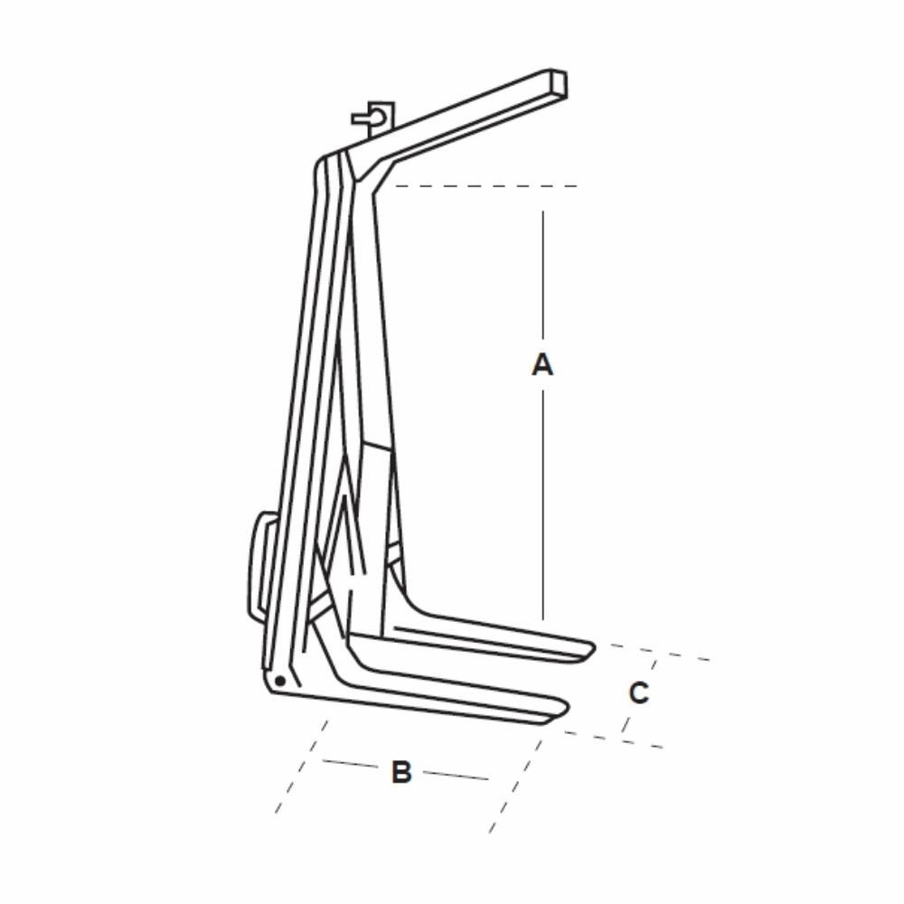 Foldbar pallegaffel med to gafler, lastkapacitet 2.50T, markeringer A, B, C uden mål.