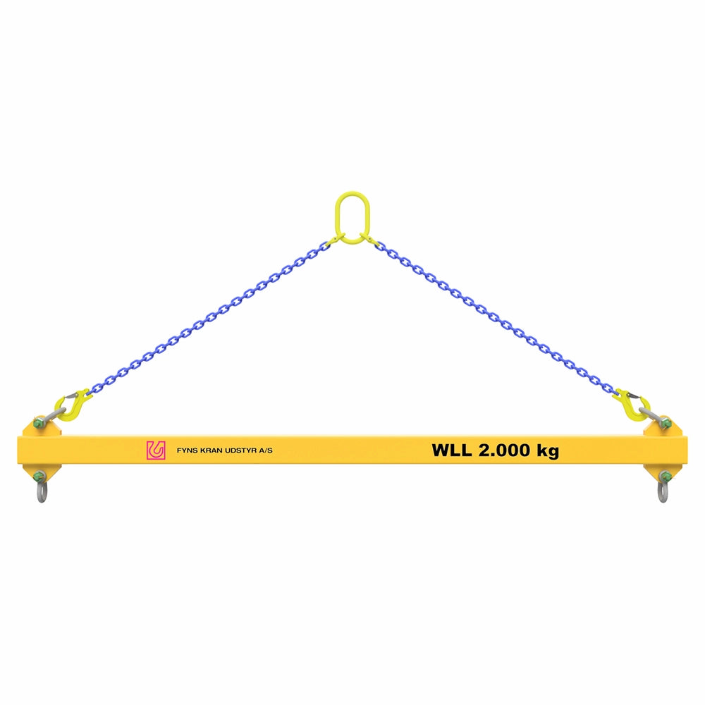 Gul løfteåg med blå kæder, logo og tekst "FYNS KRAN UDSTYR A/S", "WLL 2.000 kg".