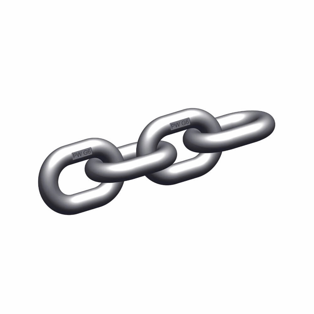 Kæde med tre ovale, glatte led. Tekst "PW G6" er synlig på hvert led.