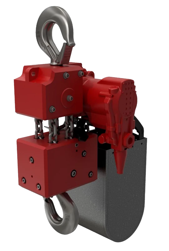 Rød og metallisk lufttalje med stor krog og kædemekanisme, bruges til løft af tunge genstande.