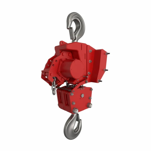 Mekanisk enhed med rød kasse, bolte, to store metalkroge og kædeelementer.