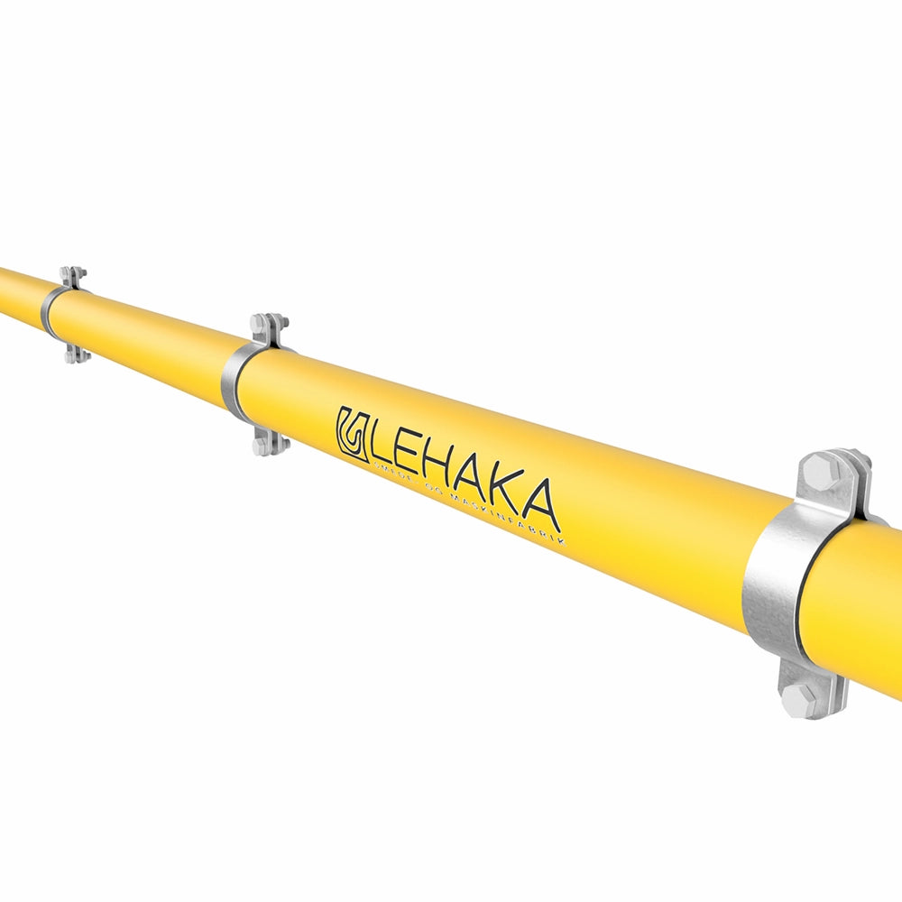 Gul rør med metalspændebånd, bolteforbindelser og "LEHAKA" logo.