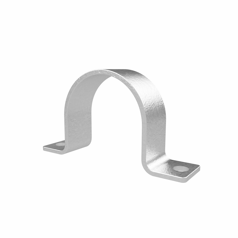 Metalbøjle, U-formet med flade ender og monteringshuller, til fastgørelse af runde genstande.