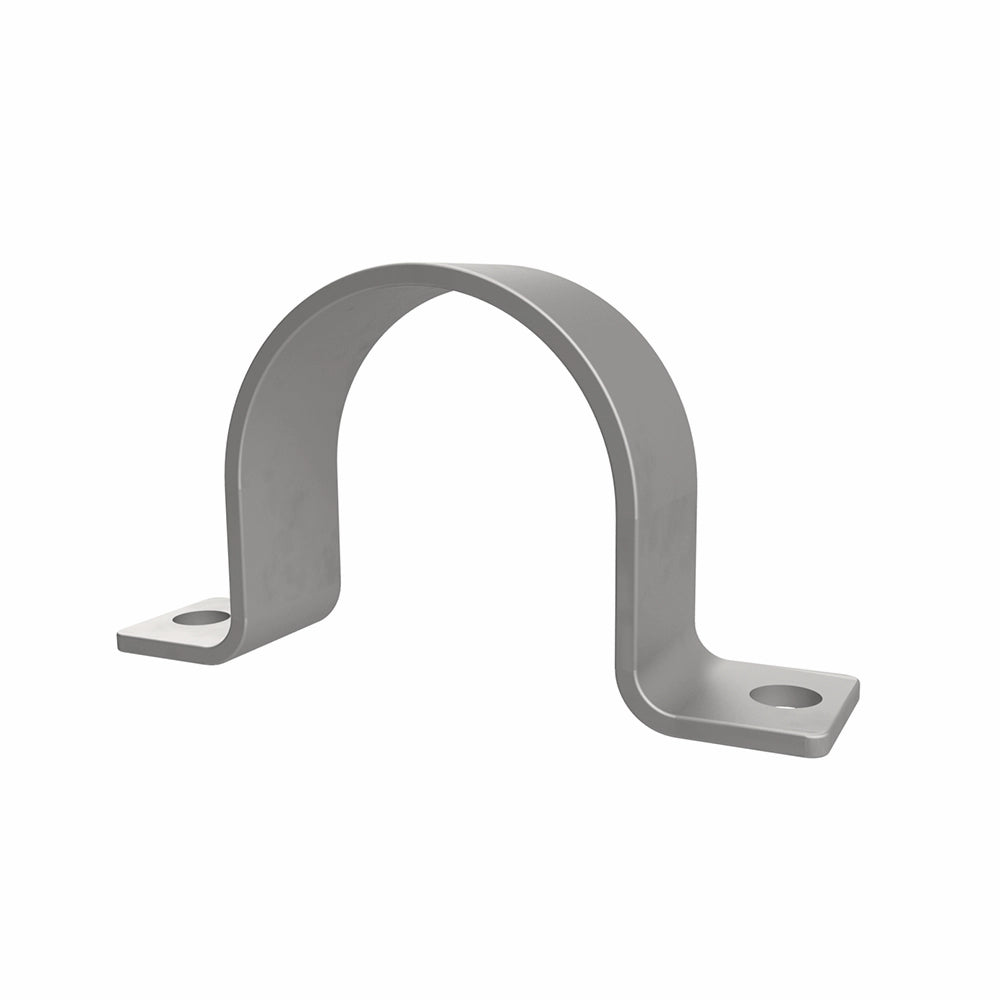 U-formet metalbeslag med glat finish, to flade ender med huller til montering.