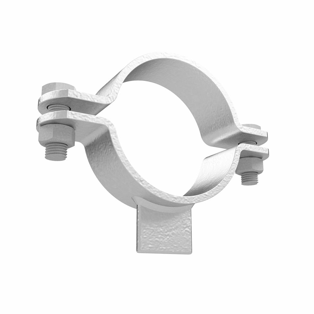 Rund metalbøjle med flade beslag og bolte, bruges til fastgørelse, måler 21mm i diameter.