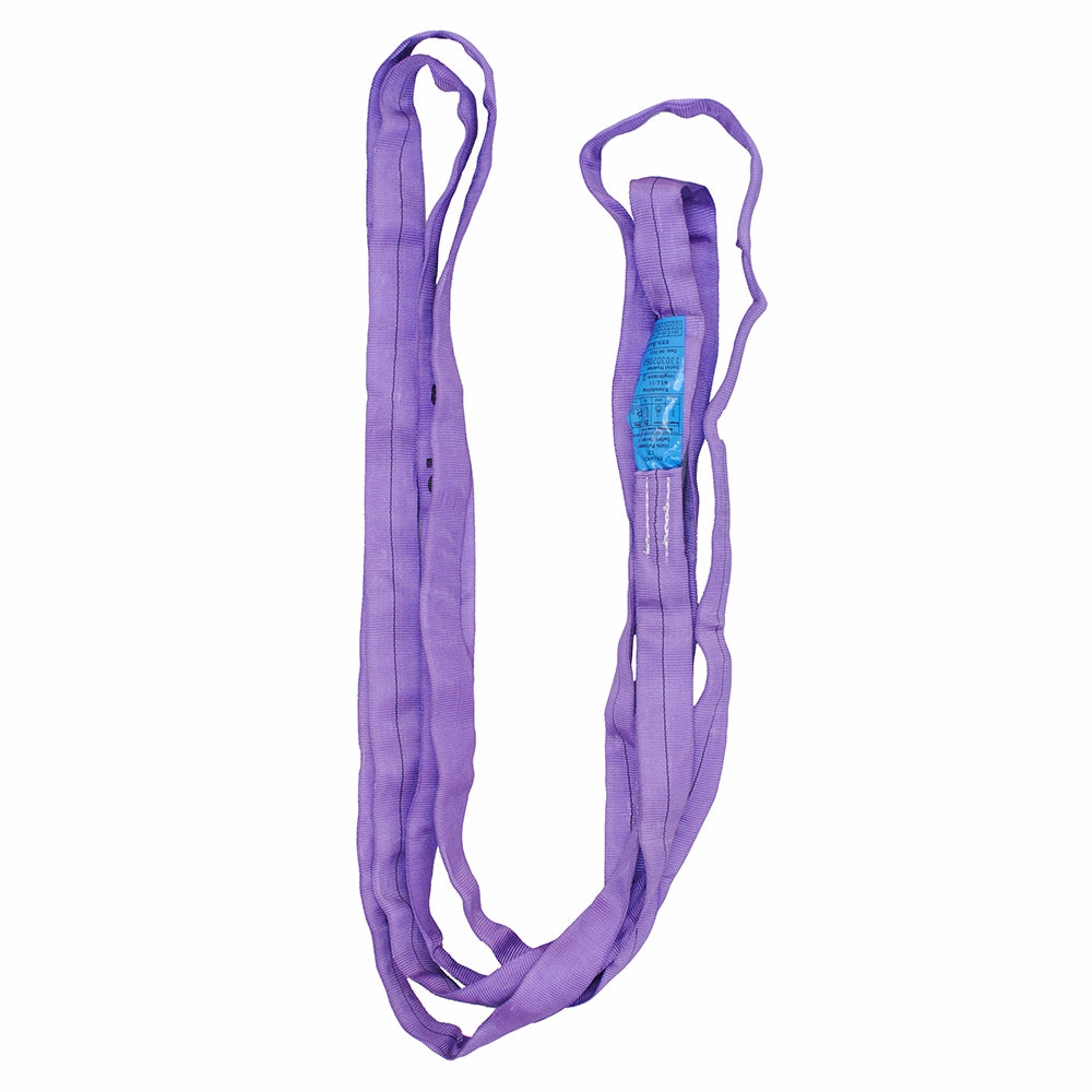 Violet rundsling, sømløs og glat, med blå etiket.