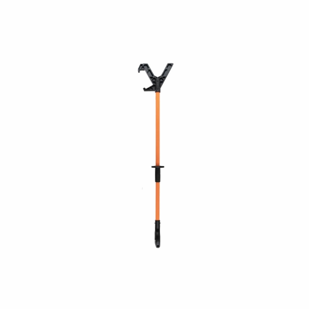 Langt værktøj med orange skaft, sort Y-formet hoved, og sort håndtag på midten.