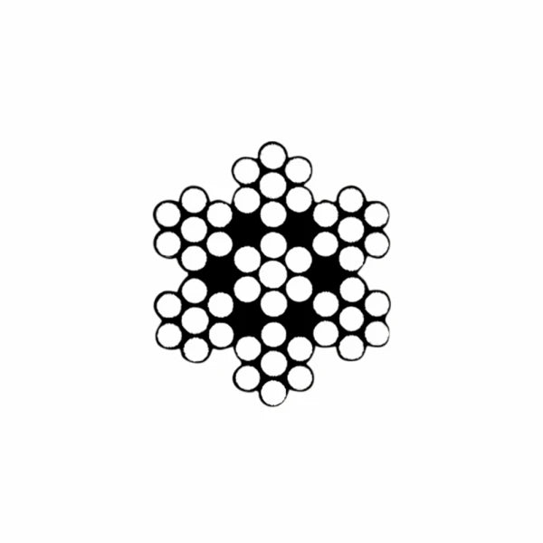 Tværsnit af wire: central kerne med seks trådgrupper i spiralformation, symmetrisk opbygning.